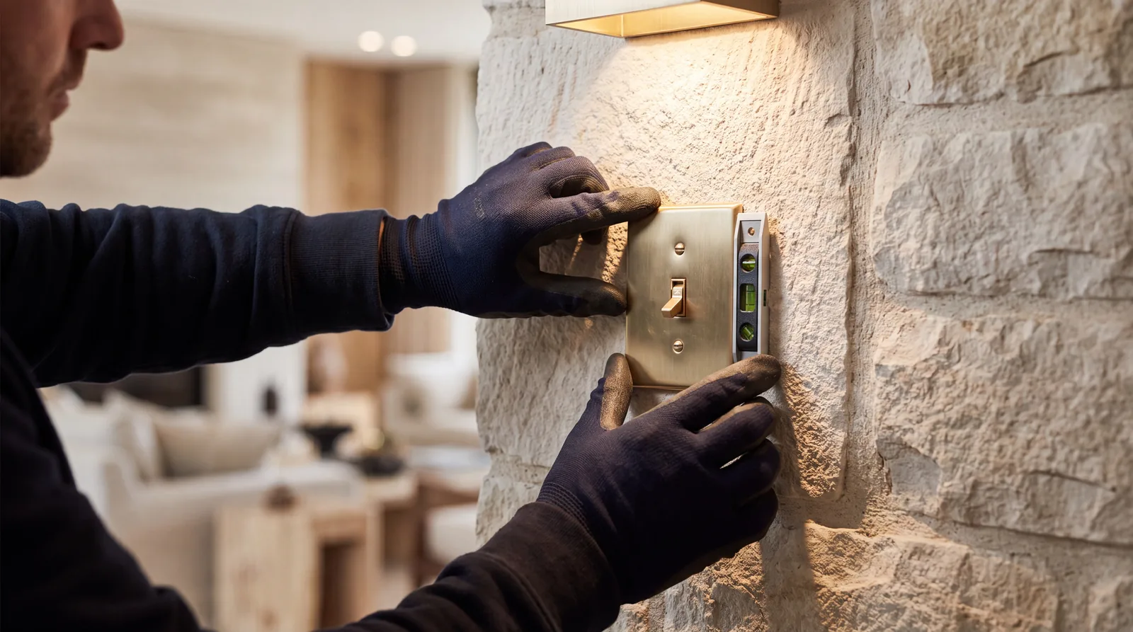Precision installation of a premium electrical switch in a stone wall