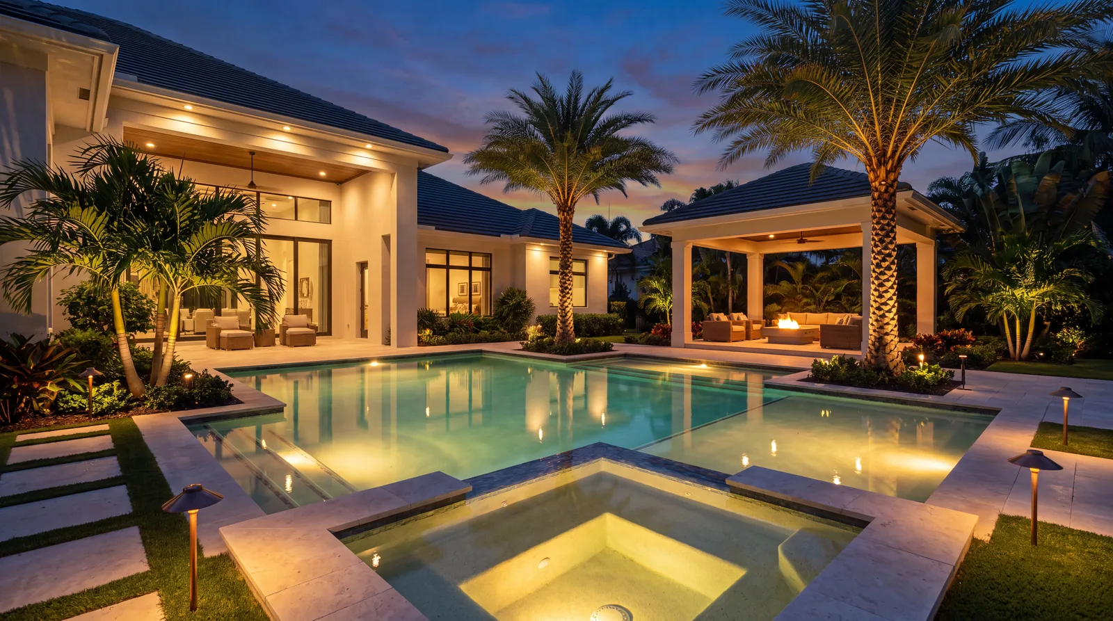 South Florida pool and tropical landscape illuminated at twilight